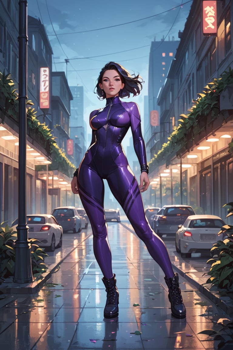 score_9, score_8_up, score_7_up, 1girl, full body, dynamic pose, purple catsuit, lush long black hair, in a gothic metropolis street, night, skyscrapers, best quality, HD32k