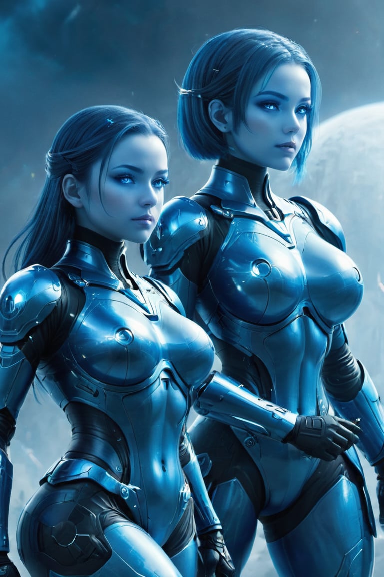 2 girls, looking around, weapons at the ready, dynamic stance, huge breasts, huge curvy hips, narrow waist, skinny, skin tight battle suit, cerulean blue, armor, futuristic, sci-fi, cyberware, cybertech, unexplored world, mist, ancient marvelous structures, ultra highres, atmosphere of mystery and danger, (detailed face:1.2), (detailed eyes:1.2), detailed background, intricate, foggy landscape