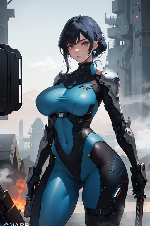 2 girls, looking around, weapons at the ready, dynamic stance, huge breasts, huge curvy hips, narrow waist, skinny, skin tight battle suit, cerulean blue, armor, futuristic, sci-fi, cyberware, cybertech, unexplored world, mist, ancient marvelous structures, ultra highres, atmosphere of mystery and danger, (detailed face:1.2), (detailed eyes:1.2), detailed background, intricate, foggy landscape, masterpiece, best quality