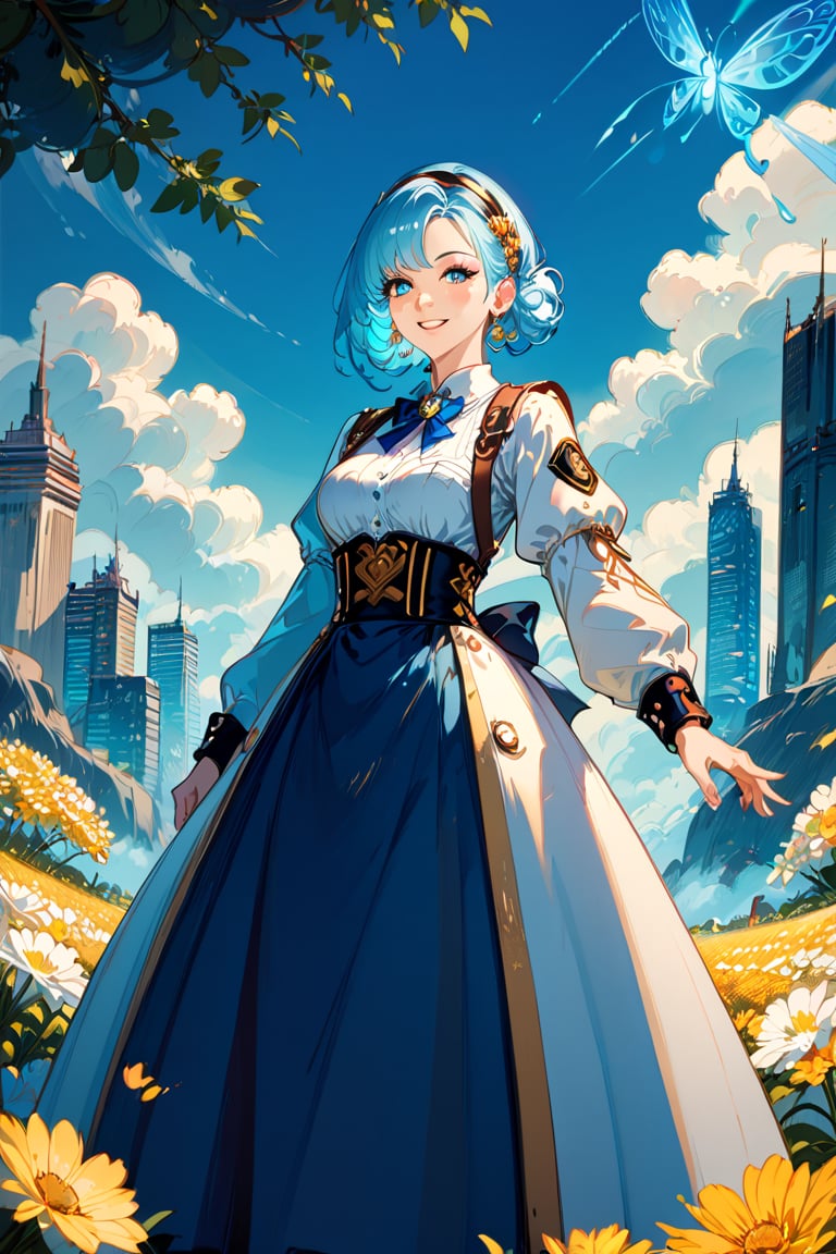 score_9, score_8_up, score_7_up,, score_6_up, A curious young woman with a bouquet of vibrant flowers stands amidst a fantastical landscape inspired by Wonderland's whimsy. In the background, a glowing alien cityscape stretches towards the sky, illuminated by an ethereal blue light. The young woman's bright smile and outstretched arms seem to welcome the extraterrestrial visitors, as if showcasing her own little patch of wonder in this surreal science fiction world. masterpiece, best quality, score_5_up