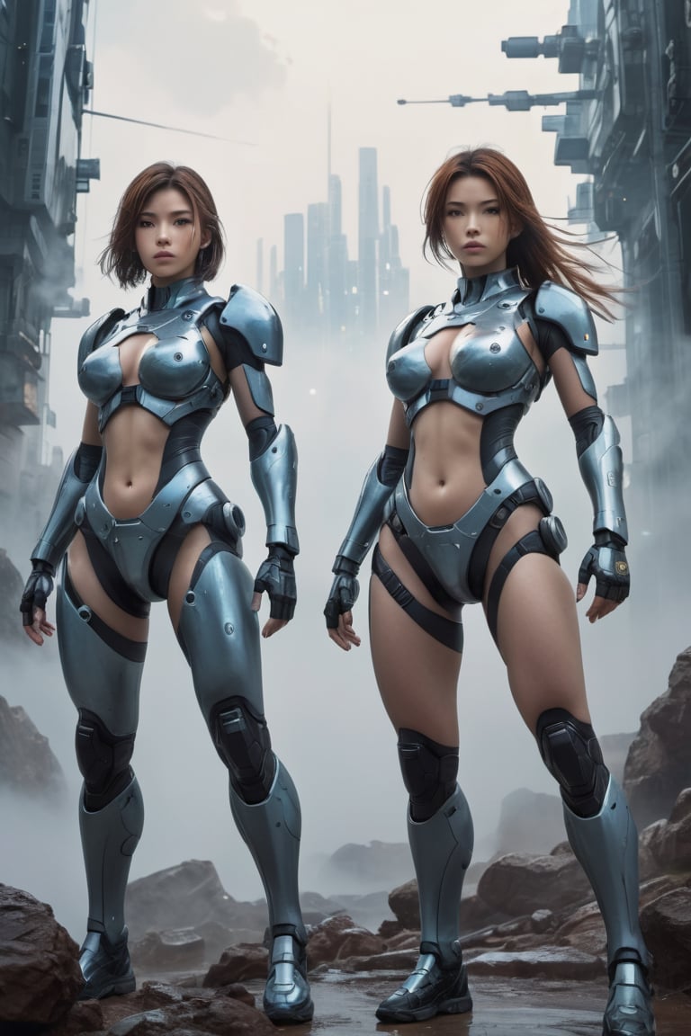 2 girls, looking around, weapons at the ready, dynamic stance, huge breasts, huge curvy hips, narrow waist, skinny, skin tight battle suit, color #ff6cdc, armor, futuristic, sci-fi, cyberware, cybertech, unexplored world, mist, ancient marvelous structures, ultra highres, atmosphere of mystery and danger, (detailed face:1.2), (detailed eyes:1.2), detailed background, intricate, foggy landscape