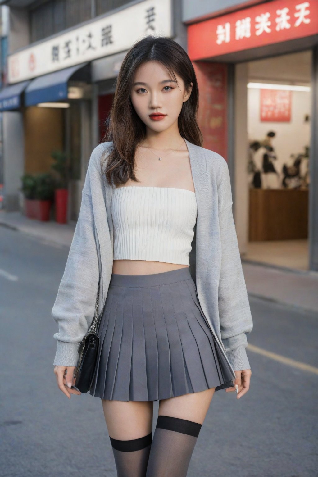 Asian female standing on the street, high heels, OOTD,Outfit of the Day,full_body,solo,grey pleated skirt, grey cardigan, stockings,full_body, full body shot, long legs, perfect hands, perfect lighting, vibrant colors, intricate details, high detailed skin, intricate background, realistic, raw, analog, taken by Canon EOS,SIGMA Art Lens 35mm F1.4,ISO 200 Shutter Speed 2000,Vivid picture,hubggirl