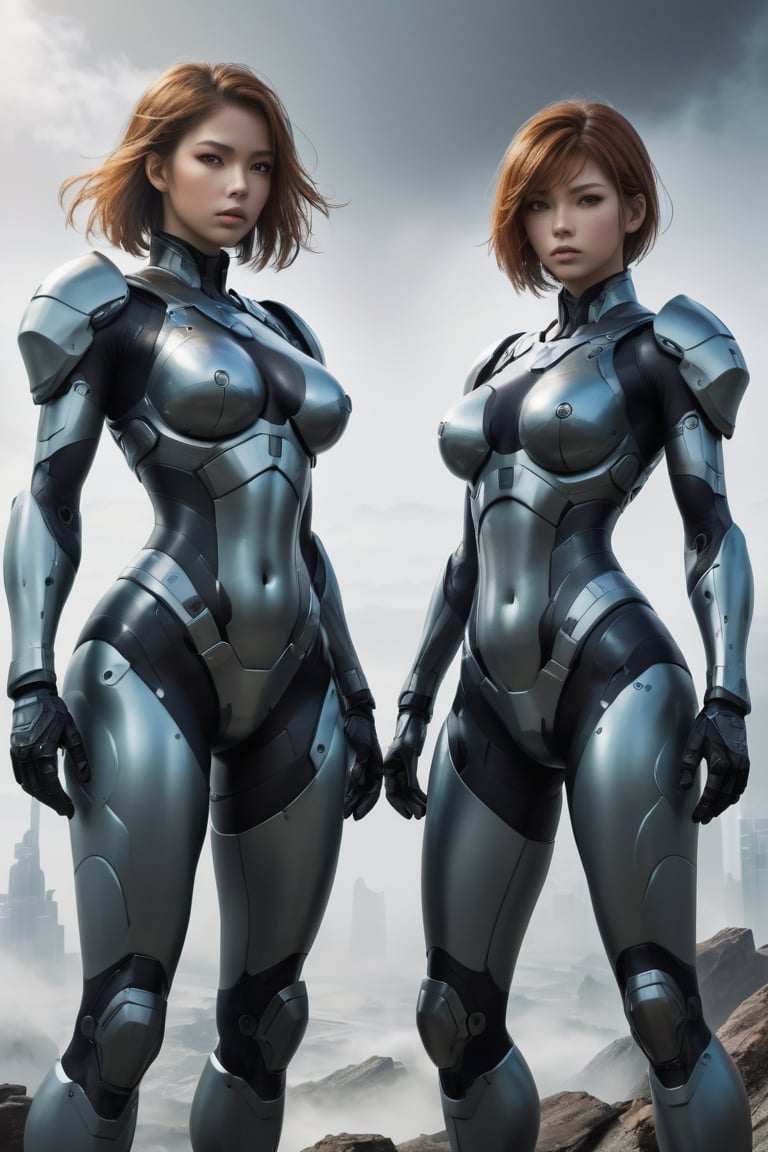 2 girls, looking around, weapons at the ready, dynamic stance, huge breasts, huge curvy hips, narrow waist, skinny, skin tight battle suit, color #ff6cdc, armor, futuristic, sci-fi, cyberware, cybertech, unexplored world, mist, ancient marvelous structures, ultra highres, atmosphere of mystery and danger, (detailed face:1.2), (detailed eyes:1.2), detailed background, intricate, foggy landscape