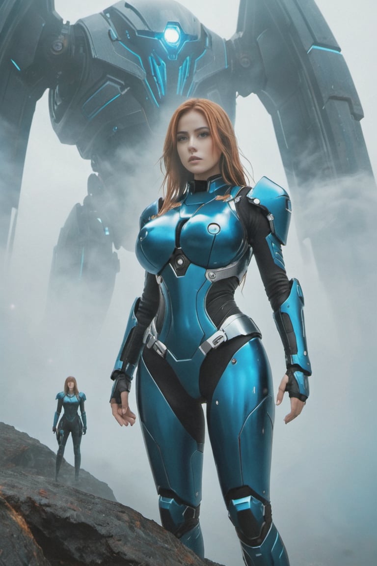 2 girls, looking around, weapons at the ready, dynamic stance, huge breasts, huge curvy hips, narrow waist, skinny, skin tight battle suit, cerulean blue, armor, futuristic, sci-fi, cyberware, cybertech, unexplored world, mist, ancient marvelous structures, ultra highres, atmosphere of mystery and danger, (detailed face:1.2), (detailed eyes:1.2), detailed background, intricate, foggy landscape, ghost person