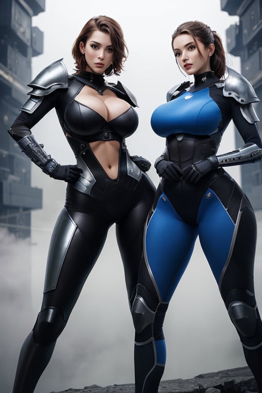 2 girls, looking around, weapons at the ready, dynamic stance, huge breasts, huge curvy hips, narrow waist, skinny, skin tight battle suit, cerulean blue, armor, futuristic, sci-fi, cyberware, cybertech, unexplored world, mist, ancient marvelous structures, ultra highres, atmosphere of mystery and danger, (detailed face:1.2), (detailed eyes:1.2), detailed background, intricate, foggy landscape, masterpiece, best quality