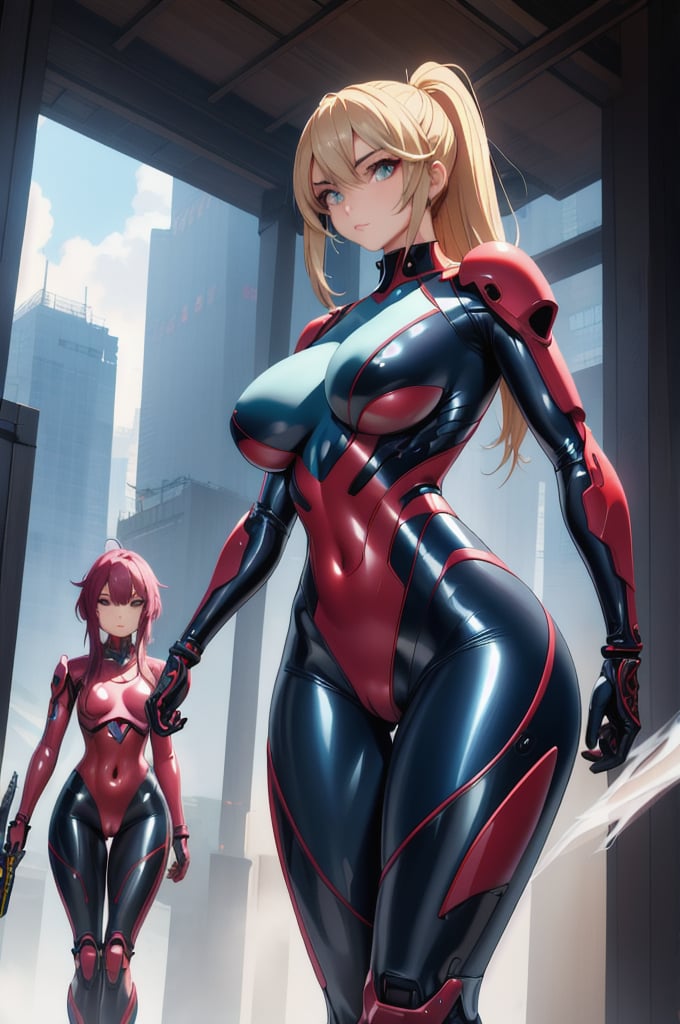 2 girls, looking around, weapons at the ready, dynamic stance, huge breasts, huge curvy hips, narrow waist, skinny, skin tight translucent white glossy smooth bodysuit, armor, futuristic, sci-fi, cyberware, cybertech, unexplored world, mist, ancient marvelous structures, ultra highres, atmosphere of mystery and danger, (detailed face:1.2), (detailed eyes:1.2), detailed background, intricate, foggy landscape, masterpiece, best quality, perfect, Enhance, FUJI, rubbersuit02, rubbersuit, realhands, Extremely Realistic, latex suit, rubber suit,Anime,incredibly absurdres