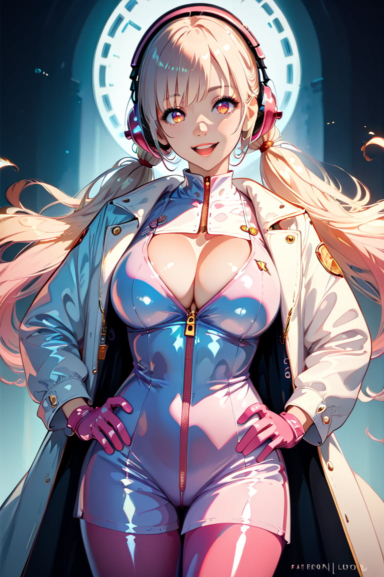 score_9, score_8_up, score_7_up,, score_6_up, (Masterpiece, Best Quality: 1.2), asian girl, long hair, smile, open mouth, bangs, big breasts, gloves, long sleeves, cleavage, twin tails, coat, smiling, shiny, hands on hips, shiny skin, v-shaped, headphones, tight clothing, gown, shiny clothes, latex, pink gloves, pink latex tights, big breasts, nudity, zipper completely open, sexy pose, facing the viewer, ultra highres, (detailed face:1.2), (detailed eyes:1.2), intricate, intricate design and details, ultra detailed, highest detail quality, ultra realistic, photography lighting, overcast reflection mapping, score_5_up