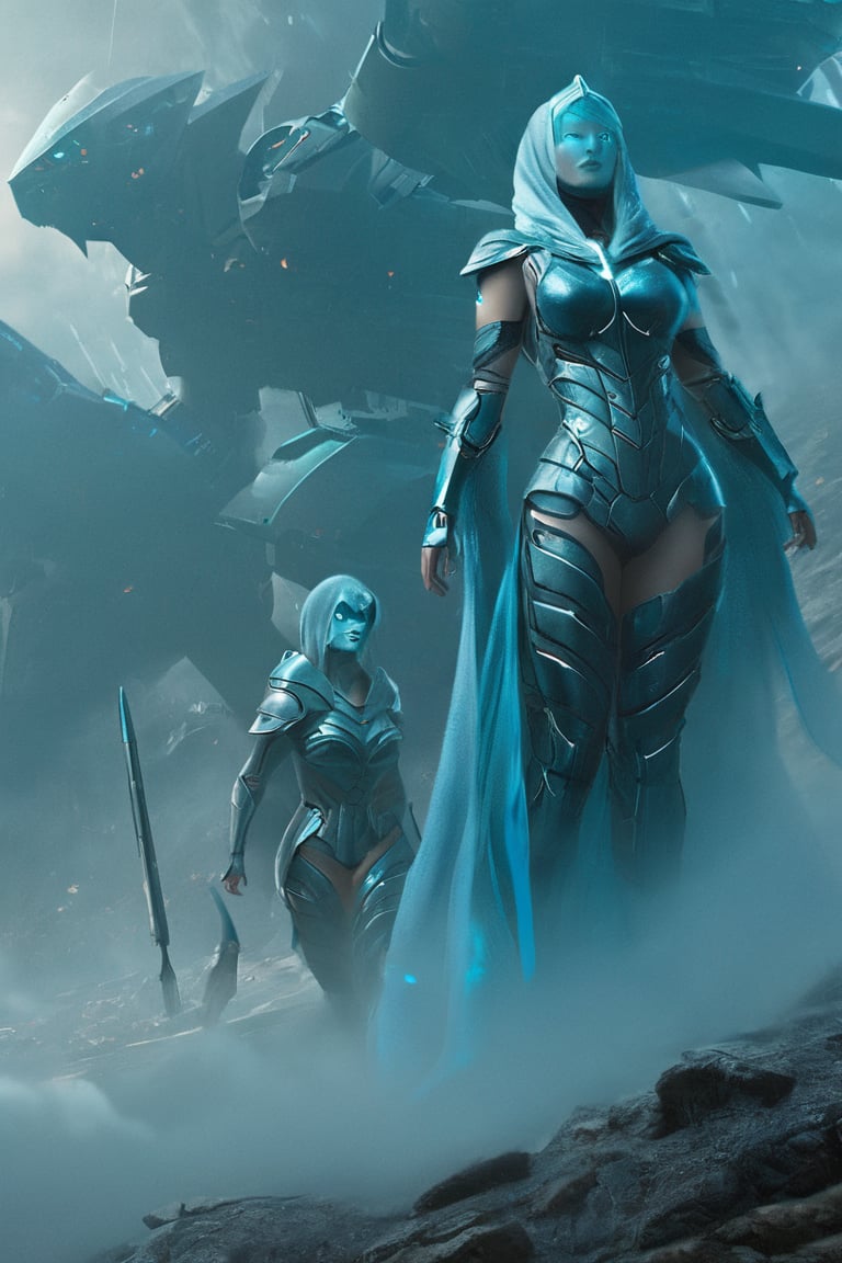 2 girls, looking around, weapons at the ready, dynamic stance, huge breasts, huge curvy hips, narrow waist, skinny, skin tight battle suit, cerulean blue, armor, futuristic, sci-fi, cyberware, cybertech, unexplored world, mist, ancient marvelous structures, ultra highres, atmosphere of mystery and danger, (detailed face:1.2), (detailed eyes:1.2), detailed background, intricate, foggy landscape, ghost person