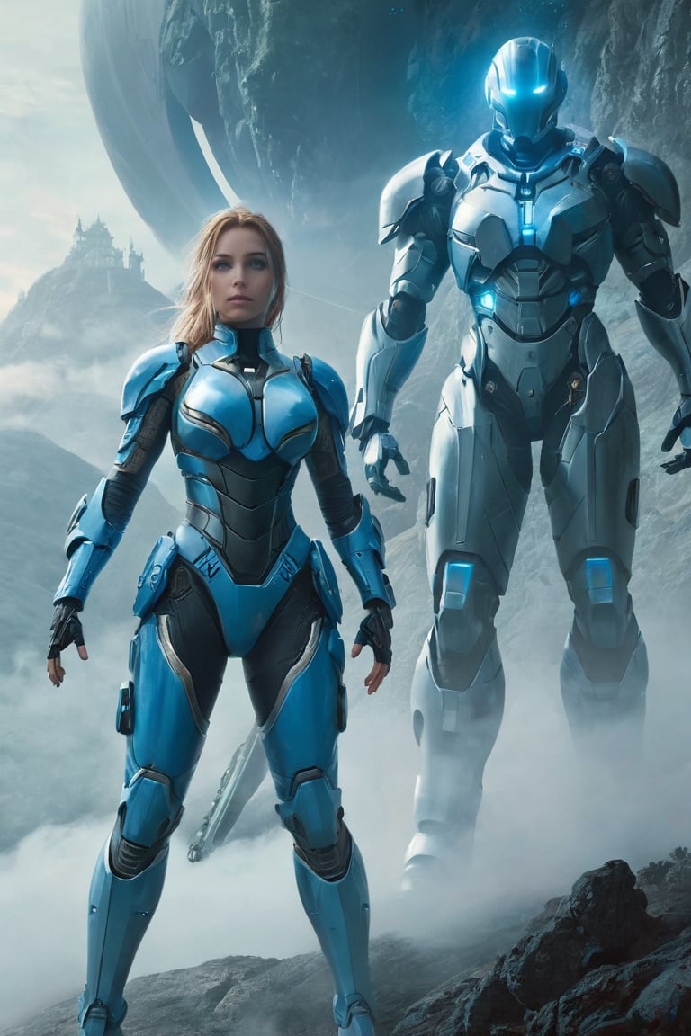 2 girls, looking around, weapons at the ready, dynamic stance, huge breasts, huge curvy hips, narrow waist, skinny, skin tight battle suit, cerulean blue, armor, futuristic, sci-fi, cyberware, cybertech, unexplored world, mist, ancient marvelous structures, ultra highres, atmosphere of mystery and danger, (detailed face:1.2), (detailed eyes:1.2), detailed background, intricate, foggy landscape, ghost person