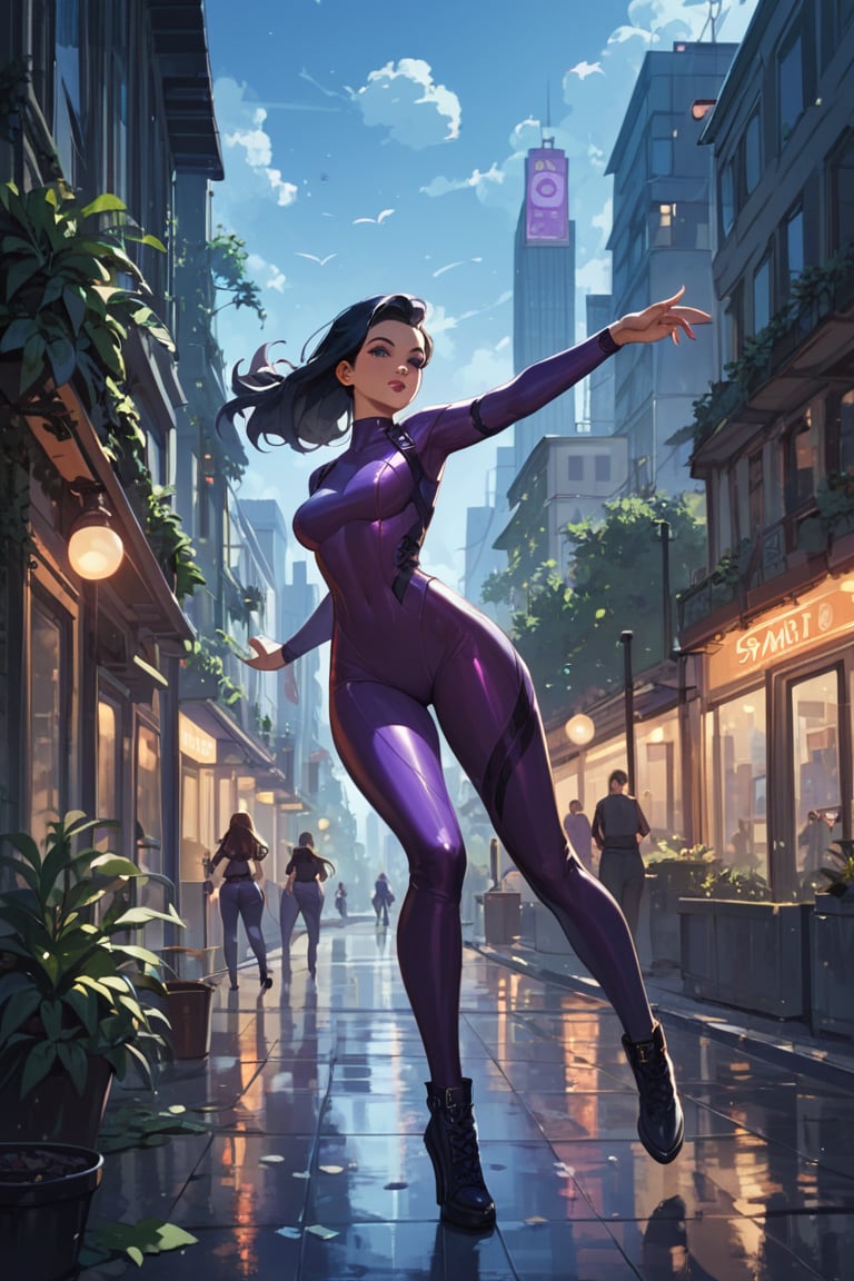 score_9, score_8_up, score_7_up, 1girl, full body, dynamic pose, purple catsuit, lush long black hair, in a gothic metropolis street, night, skyscrapers, best quality, HD32k