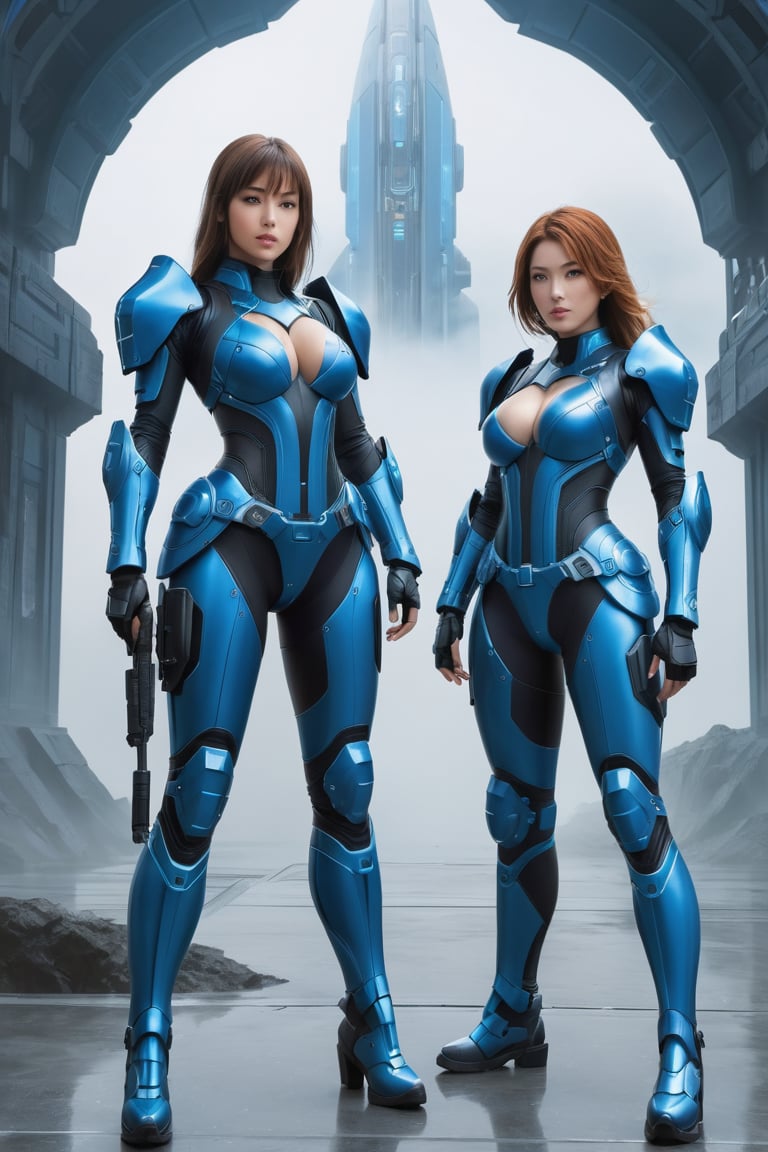 2 girls, looking around, weapons at the ready, dynamic stance, huge breasts, huge curvy hips, narrow waist, skinny, skin tight battle suit, cerulean blue, armor, futuristic, sci-fi, cyberware, cybertech, unexplored world, mist, ancient marvelous structures, ultra highres, atmosphere of mystery and danger, (detailed face:1.2), (detailed eyes:1.2), detailed background, intricate, foggy landscape, masterpiece, best quality