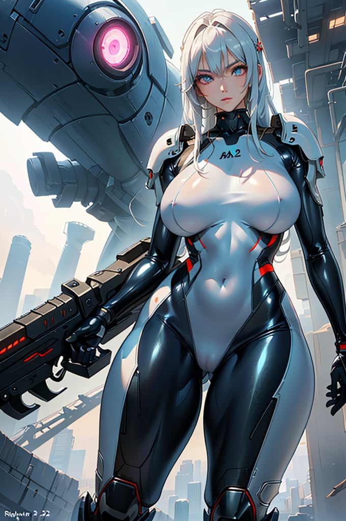 2 girls, looking around, weapons at the ready, dynamic stance, huge breasts, huge curvy hips, narrow waist, skinny, skin tight translucent white glossy smooth bodysuit, armor, futuristic, sci-fi, cyberware, cybertech, unexplored world, mist, ancient marvelous structures, ultra highres, atmosphere of mystery and danger, (detailed face:1.2), (detailed eyes:1.2), detailed background, intricate, foggy landscape, masterpiece, best quality, perfect, Enhance, FUJI, rubbersuit02, rubbersuit, realhands, Extremely Realistic, latex suit, rubber suit,Anime