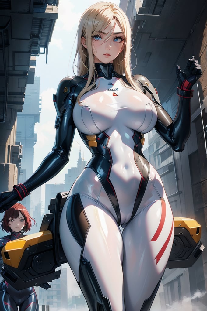 2 girls, looking around, weapons at the ready, dynamic stance, huge breasts, huge curvy hips, narrow waist, skinny, skin tight translucent white glossy smooth bodysuit, armor, futuristic, sci-fi, cyberware, cybertech, unexplored world, mist, ancient marvelous structures, ultra highres, atmosphere of mystery and danger, (detailed face:1.2), (detailed eyes:1.2), detailed background, intricate, foggy landscape, masterpiece, best quality, perfect, Enhance, FUJI, rubbersuit02, rubbersuit, realhands, Extremely Realistic, latex suit, rubber suit,Anime,incredibly absurdres