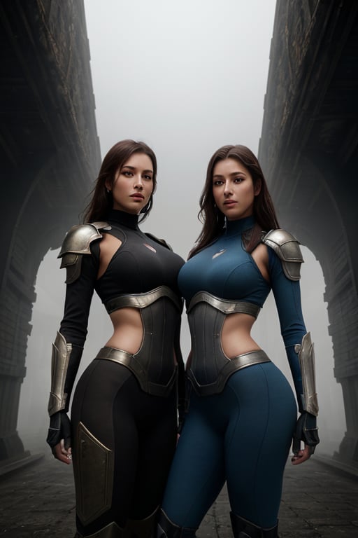 2 girls, looking around, weapons at the ready, dynamic stance, huge breasts, huge curvy hips, narrow waist, skinny, skin tight battle suit, cerulean blue, armor, futuristic, sci-fi, cyberware, cybertech, unexplored world, mist, ancient marvelous structures, ultra highres, atmosphere of mystery and danger, (detailed face:1.2), (detailed eyes:1.2), detailed background, intricate, foggy landscape, masterpiece, best quality