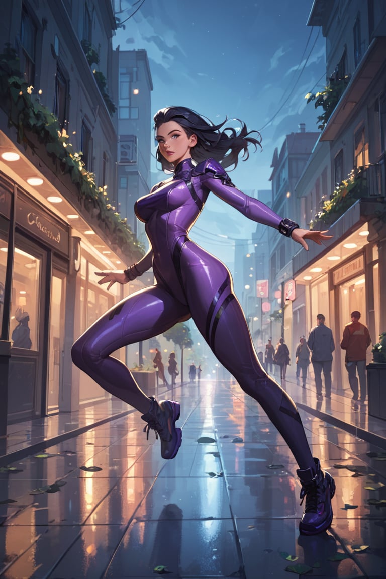 score_9, score_8_up, score_7_up, 1girl, full body, dynamic pose, purple catsuit, lush long black hair, in a gothic metropolis street, night, skyscrapers, best quality, HD32k