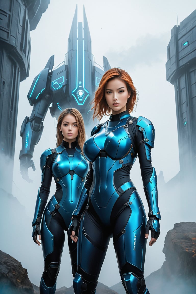 2 girls, looking around, weapons at the ready, dynamic stance, huge breasts, huge curvy hips, narrow waist, skinny, skin tight battle suit, cerulean blue, armor, futuristic, sci-fi, cyberware, cybertech, unexplored world, mist, ancient marvelous structures, ultra highres, atmosphere of mystery and danger, (detailed face:1.2), (detailed eyes:1.2), detailed background, intricate, foggy landscape, masterpiece, best quality