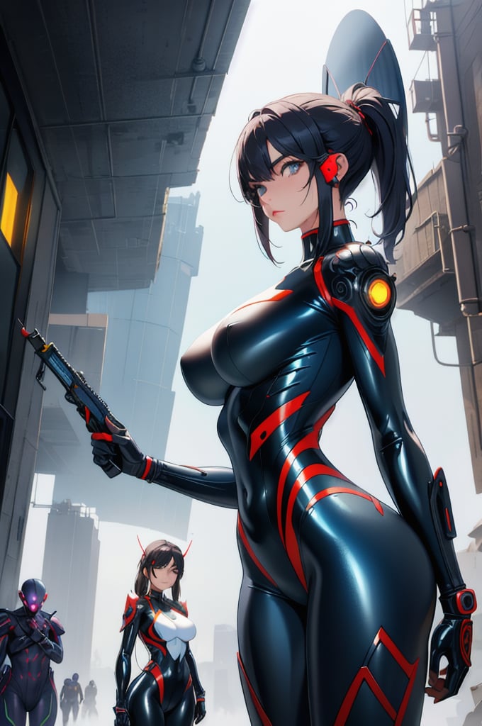 2 girls, looking around, weapons at the ready, dynamic stance, huge breasts, huge curvy hips, narrow waist, skinny, skin tight translucent white glossy smooth bodysuit, armor, futuristic, sci-fi, cyberware, cybertech, unexplored world, mist, ancient marvelous structures, ultra highres, atmosphere of mystery and danger, (detailed face:1.2), (detailed eyes:1.2), detailed background, intricate, foggy landscape, masterpiece, best quality, perfect, Enhance, FUJI, rubbersuit02, rubbersuit, realhands, Extremely Realistic, latex suit, rubber suit,Anime,incredibly absurdres