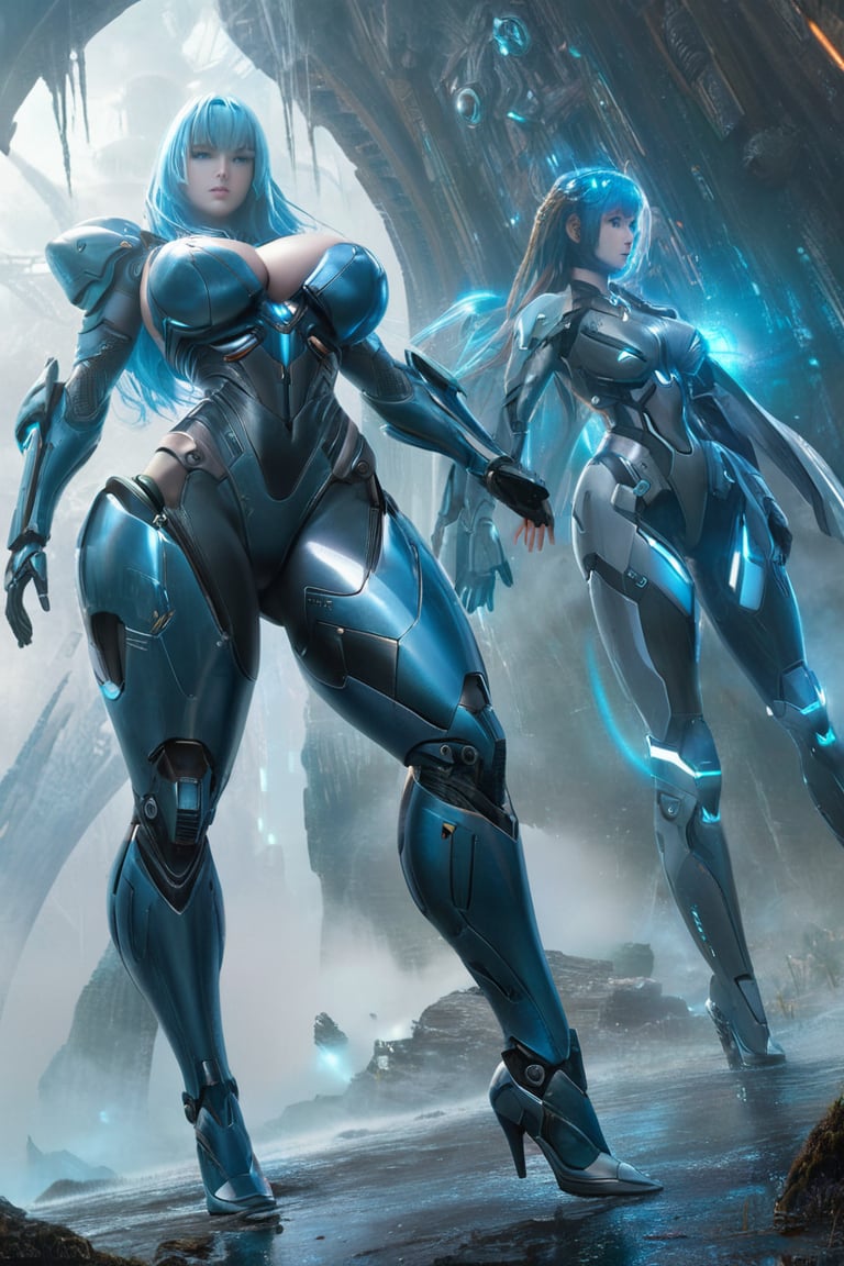 2 girls, looking around, weapons at the ready, dynamic stance, huge breasts, huge curvy hips, narrow waist, skinny, skin tight battle suit, cerulean blue, armor, futuristic, sci-fi, cyberware, cybertech, unexplored world, mist, ancient marvelous structures, ultra highres, atmosphere of mystery and danger, (detailed face:1.2), (detailed eyes:1.2), detailed background, intricate, foggy landscape, ghost person