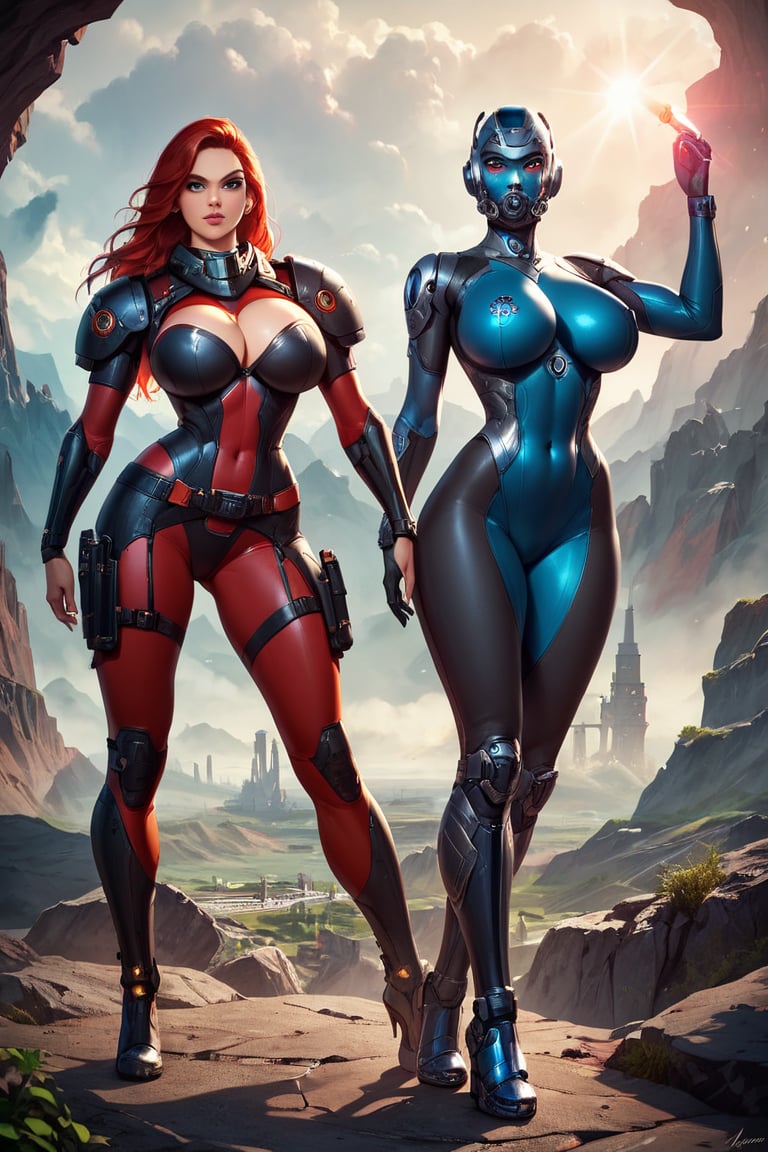 score_9, score_8_up, score_7_up,, score_6_up, 2 girls, dynamic stance, looking around, weapons at the ready, huge breasts, huge curvy hips, narrow waist, skinny, skin tight battle suit, cerulean blue, armor, futuristic, sci-fi, cyberware, cybertech, unexplored world, mist, ancient marvelous structures, ultra highres, detailed background, intricate, foggy landscape, masterpiece, best quality