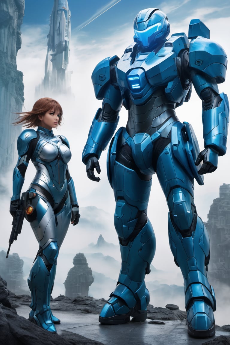 2 girls, looking around, weapons at the ready, dynamic stance, huge breasts, huge curvy hips, narrow waist, skinny, skin tight battle suit, cerulean blue, armor, futuristic, sci-fi, cyberware, cybertech, unexplored world, mist, ancient marvelous structures, ultra highres, atmosphere of mystery and danger, (detailed face:1.2), (detailed eyes:1.2), detailed background, intricate, foggy landscape, masterpiece, best quality,