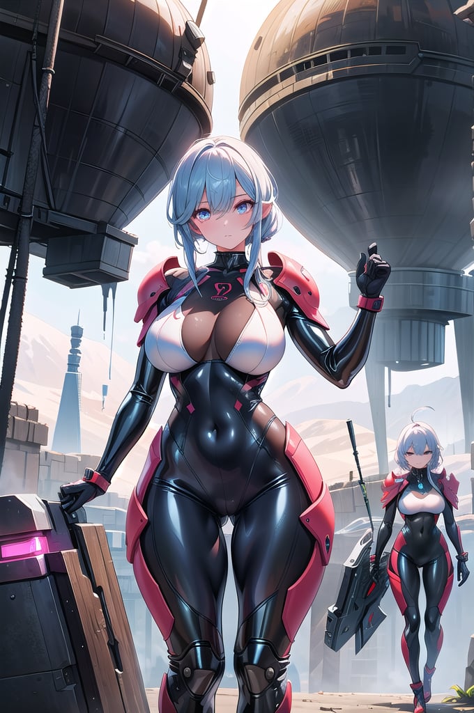 2 girls, looking around, weapons at the ready, dynamic stance, huge breasts, huge curvy hips, narrow waist, skinny, skin tight translucent white glossy smooth bodysuit, armor, futuristic, sci-fi, cyberware, cybertech, unexplored world, mist, ancient marvelous structures, ultra highres, atmosphere of mystery and danger, (detailed face:1.2), (detailed eyes:1.2), detailed background, intricate, foggy landscape, masterpiece, best quality, perfect, Enhance, FUJI, rubbersuit02, rubbersuit, realhands, Extremely Realistic, latex suit, rubber suit