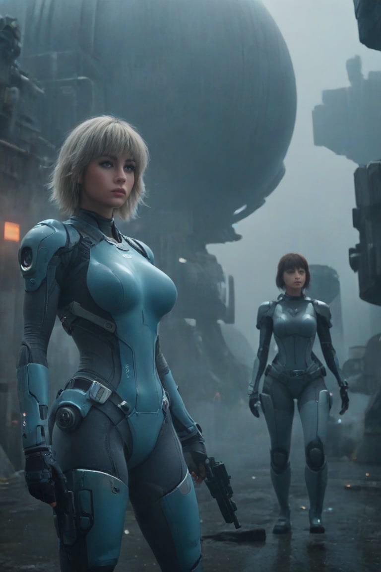 2 girls, looking around, weapons at the ready, dynamic stance, huge breasts, huge curvy hips, narrow waist, skinny, skin tight battle suit, cerulean blue, armor, futuristic, sci-fi, cyberware, cybertech, unexplored world, mist, ancient marvelous structures, ultra highres, atmosphere of mystery and danger, (detailed face:1.2), (detailed eyes:1.2), detailed background, intricate, foggy landscape, ultra wide lanscape shot, side shot, ultra detailed, realistic grayish colors, cinematic moviemaker style, elina, Decora_SWstyle, animification