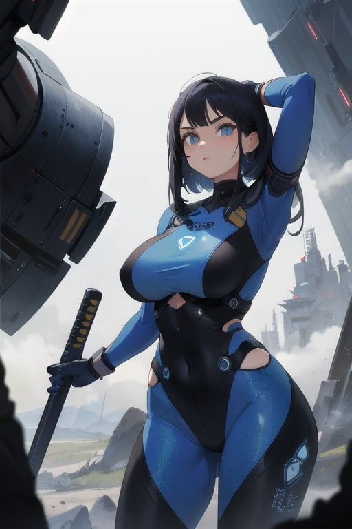 2 girls, looking around, weapons at the ready, dynamic stance, huge breasts, huge curvy hips, narrow waist, skinny, skin tight battle suit, cerulean blue, armor, futuristic, sci-fi, cyberware, cybertech, unexplored world, mist, ancient marvelous structures, ultra highres, atmosphere of mystery and danger, (detailed face:1.2), (detailed eyes:1.2), detailed background, intricate, foggy landscape, masterpiece, best quality,incredibly absurdres