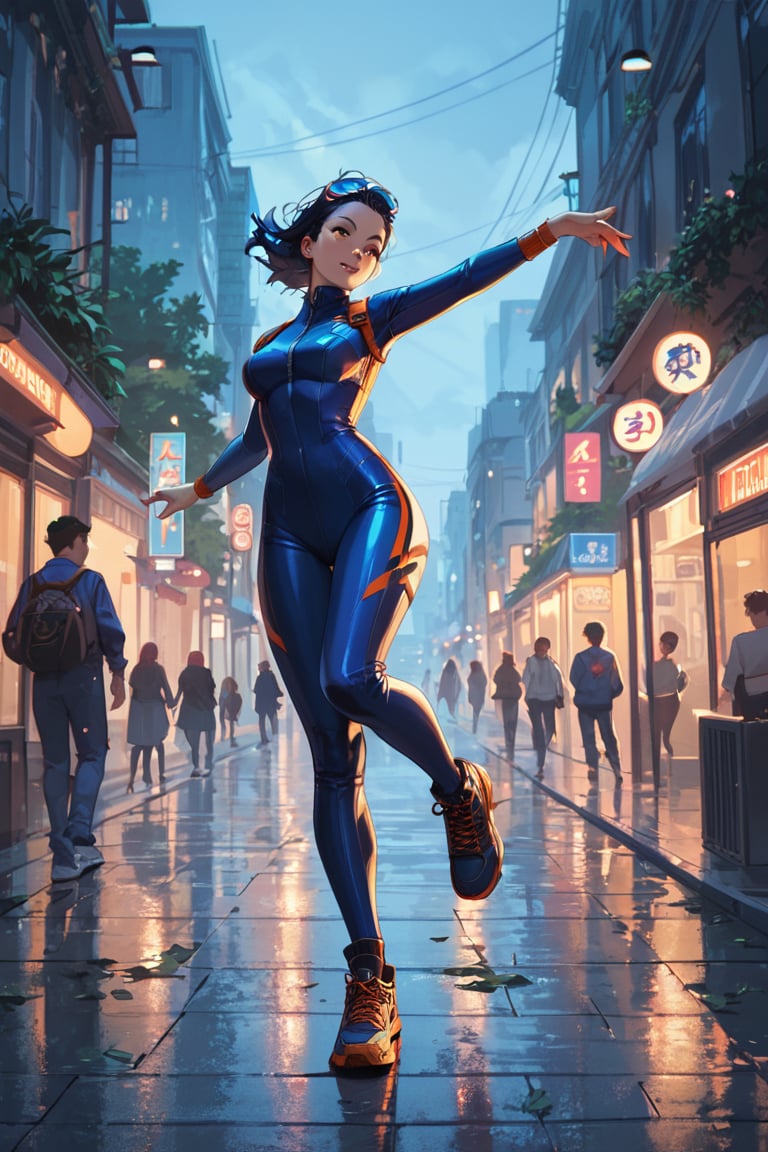 score_9, score_8_up, score_7_up, 1girl, full body, dynamic pose, indigo catsuit, lush long black hair, in a gothic metropolis street, night, skyscrapers, best quality, HD32k