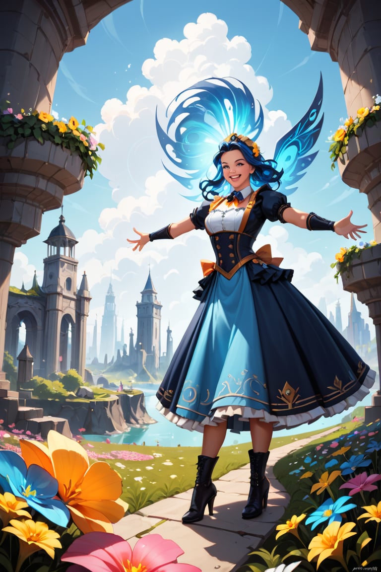 score_9, score_8_up, score_7_up,, score_6_up, A curious young woman with a bouquet of vibrant flowers stands amidst a fantastical landscape inspired by Wonderland's whimsy. In the background, a glowing alien cityscape stretches towards the sky, illuminated by an ethereal blue light. The young woman's bright smile and outstretched arms seem to welcome the extraterrestrial visitors, as if showcasing her own little patch of wonder in this surreal science fiction world. masterpiece, best quality, score_5_up