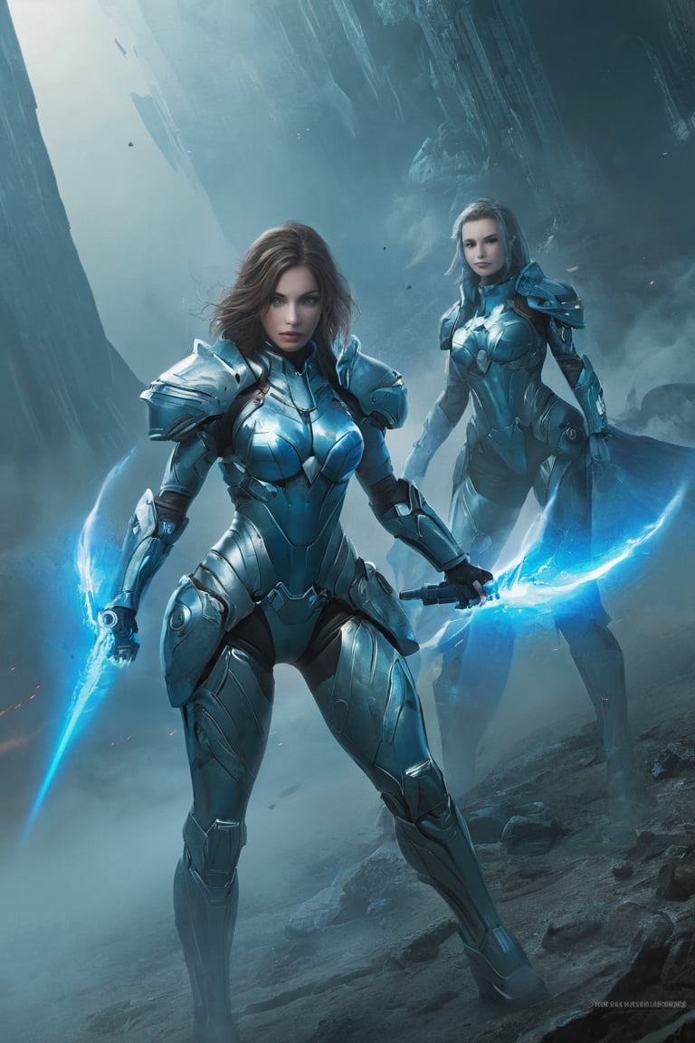 2 girls, looking around, weapons at the ready, dynamic stance, huge breasts, huge curvy hips, narrow waist, skinny, skin tight battle suit, cerulean blue, armor, futuristic, sci-fi, cyberware, cybertech, unexplored world, mist, ancient marvelous structures, ultra highres, atmosphere of mystery and danger, (detailed face:1.2), (detailed eyes:1.2), detailed background, intricate, foggy landscape, ghost person