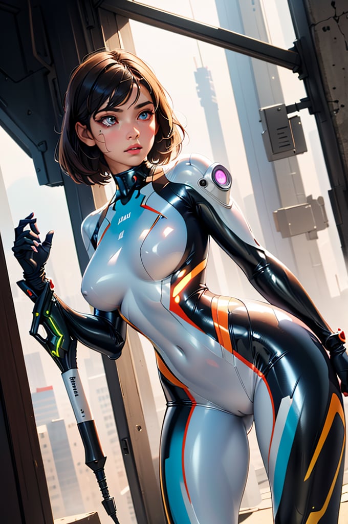 2 girls, looking around, weapons at the ready, dynamic stance, huge breasts, huge curvy hips, narrow waist, skinny, skin tight translucent white glossy smooth bodysuit, armor, futuristic, sci-fi, cyberware, cybertech, unexplored world, mist, ancient marvelous structures, ultra highres, atmosphere of mystery and danger, (detailed face:1.2), (detailed eyes:1.2), detailed background, intricate, foggy landscape, masterpiece, best quality, perfect, Enhance, FUJI, rubbersuit02, rubbersuit, realhands, Extremely Realistic, latex suit, rubber suit