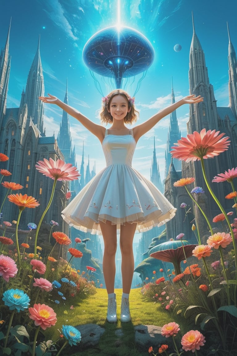 A curious young woman with a bouquet of vibrant flowers stands amidst a fantastical landscape inspired by Wonderland's whimsy. In the background, a glowing alien cityscape stretches towards the sky, illuminated by an ethereal blue light. The young woman's bright smile and outstretched arms seem to welcome the extraterrestrial visitors, as if showcasing her own little patch of wonder in this surreal science fiction world, masterpiece, (((best quality))), hyper detailed, HDR