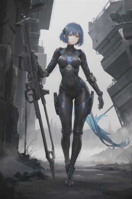 2 girls, looking around, weapons at the ready, dynamic stance, huge breasts, huge curvy hips, narrow waist, skinny, skin tight battle suit, cerulean blue, armor, futuristic, sci-fi, cyberware, cybertech, unexplored world, mist, ancient marvelous structures, ultra highres, atmosphere of mystery and danger, (detailed face:1.2), (detailed eyes:1.2), detailed background, intricate, foggy landscape, masterpiece, best quality,xxmix_girl