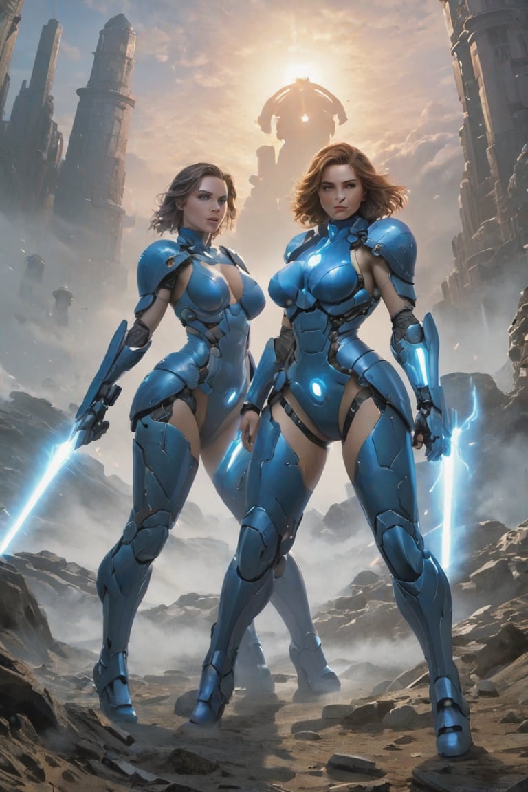 2 girls, looking around, weapons at the ready, dynamic stance, huge breasts, huge curvy hips, narrow waist, skinny, skin tight battle suit, cerulean blue, armor, futuristic, sci-fi, cyberware, cybertech, unexplored world, mist, ancient marvelous structures, ultra highres, atmosphere of mystery and danger, (detailed face:1.2), (detailed eyes:1.2), detailed background, intricate, foggy landscape, style by greg rutkowski, ultra realistic, masterpiece, sharp focus, sharp details, highly detailed, rich color, 8K,style of Greg Rutkowski