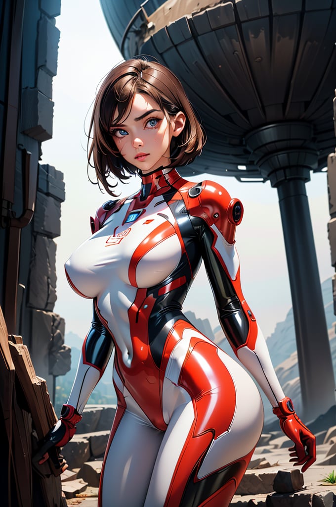 2 girls, looking around, weapons at the ready, dynamic stance, huge breasts, huge curvy hips, narrow waist, skinny, skin tight translucent white glossy smooth bodysuit, armor, futuristic, sci-fi, cyberware, cybertech, unexplored world, mist, ancient marvelous structures, ultra highres, atmosphere of mystery and danger, (detailed face:1.2), (detailed eyes:1.2), detailed background, intricate, foggy landscape, masterpiece, best quality, perfect, Enhance, FUJI, rubbersuit02, rubbersuit, realhands, Extremely Realistic, latex suit, rubber suit