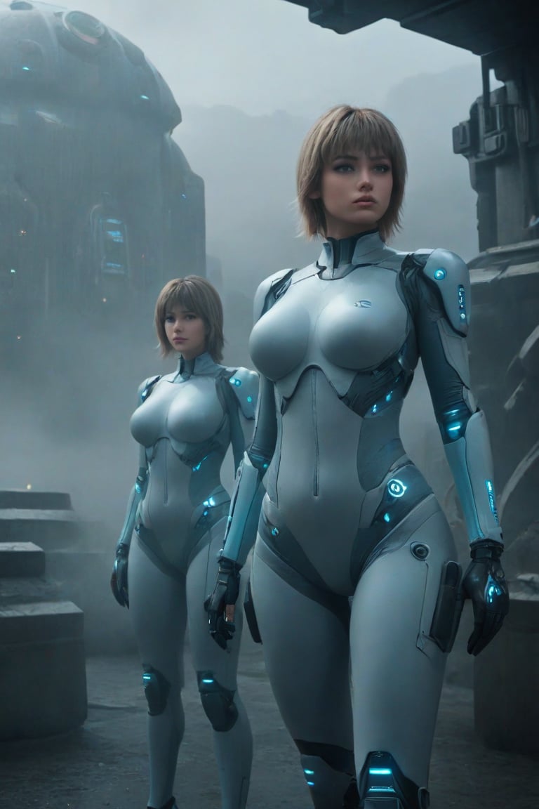 2 girls, looking around, weapons at the ready, dynamic stance, huge breasts, huge curvy hips, narrow waist, skinny, skin tight battle suit, cerulean blue, armor, futuristic, sci-fi, cyberware, cybertech, unexplored world, mist, ancient marvelous structures, ultra highres, atmosphere of mystery and danger, (detailed face:1.2), (detailed eyes:1.2), detailed background, intricate, foggy landscape, ultra wide lanscape shot, side shot, ultra detailed, realistic grayish colors, cinematic moviemaker style, elina, Decora_SWstyle, animification