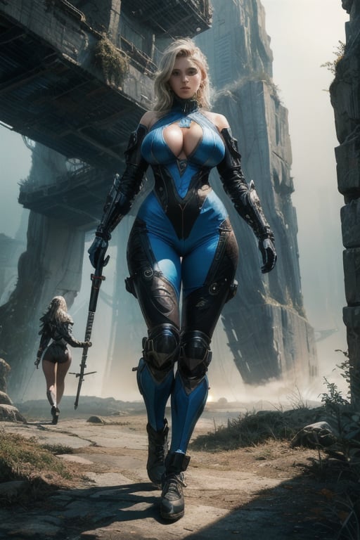 2 girls, looking around, weapons at the ready, dynamic stance, huge breasts, huge curvy hips, narrow waist, skinny, skin tight battle suit, cerulean blue, armor, futuristic, sci-fi, cyberware, cybertech, unexplored world, mist, ancient marvelous structures, ultra highres, atmosphere of mystery and danger, (detailed face:1.2), (detailed eyes:1.2), detailed background, intricate, foggy landscape, masterpiece, best quality