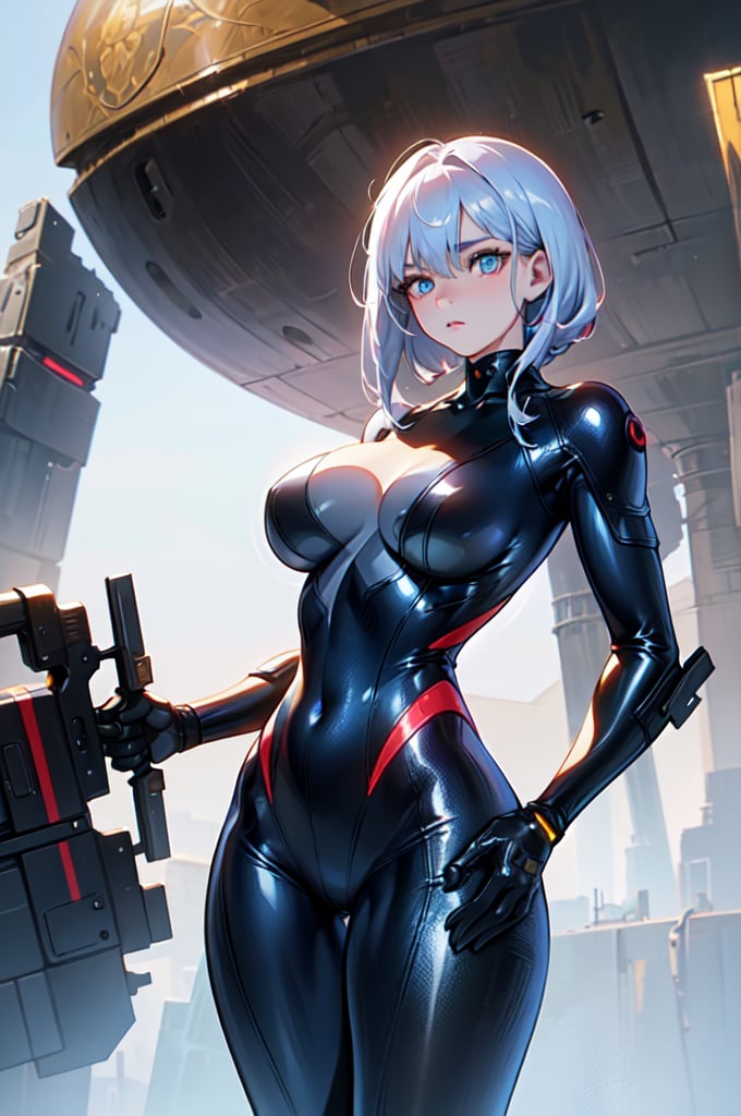 2 girls, looking around, weapons at the ready, dynamic stance, huge breasts, huge curvy hips, narrow waist, skinny, skin tight translucent white glossy smooth bodysuit, armor, futuristic, sci-fi, cyberware, cybertech, unexplored world, mist, ancient marvelous structures, ultra highres, atmosphere of mystery and danger, (detailed face:1.2), (detailed eyes:1.2), detailed background, intricate, foggy landscape, masterpiece, best quality, perfect, Enhance, FUJI, rubbersuit02, rubbersuit, realhands, Extremely Realistic, latex suit, rubber suit