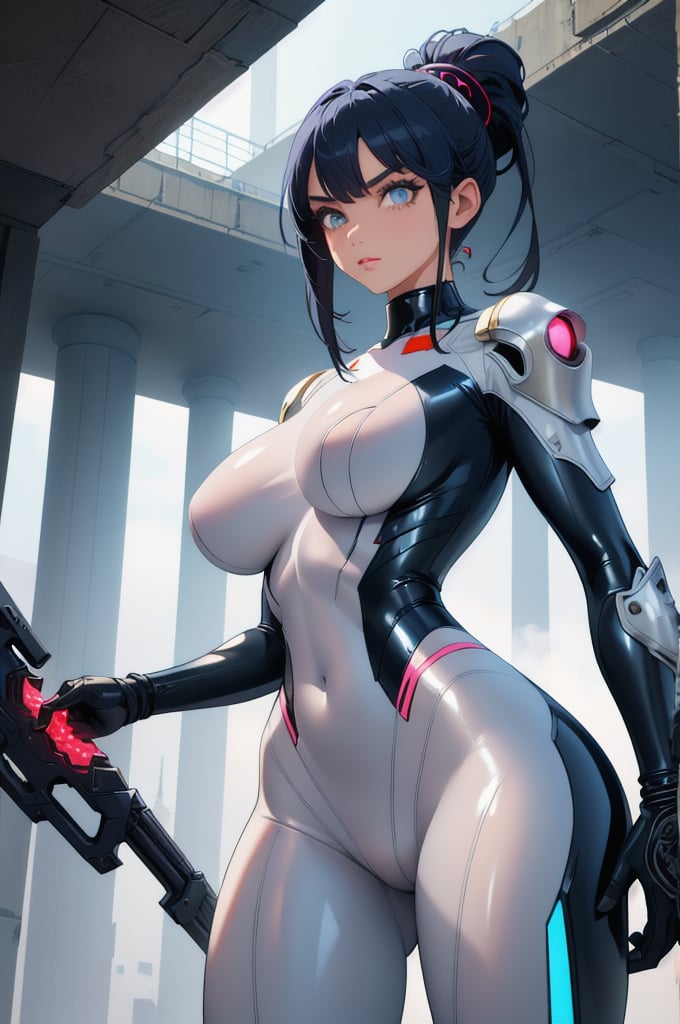 2 girls, looking around, weapons at the ready, dynamic stance, huge breasts, huge curvy hips, narrow waist, skinny, skin tight translucent white glossy smooth bodysuit, armor, futuristic, sci-fi, cyberware, cybertech, unexplored world, mist, ancient marvelous structures, ultra highres, atmosphere of mystery and danger, (detailed face:1.2), (detailed eyes:1.2), detailed background, intricate, foggy landscape, masterpiece, best quality, perfect, Enhance, FUJI, rubbersuit02, rubbersuit, realhands, Extremely Realistic, latex suit, rubber suit,Anime,incredibly absurdres