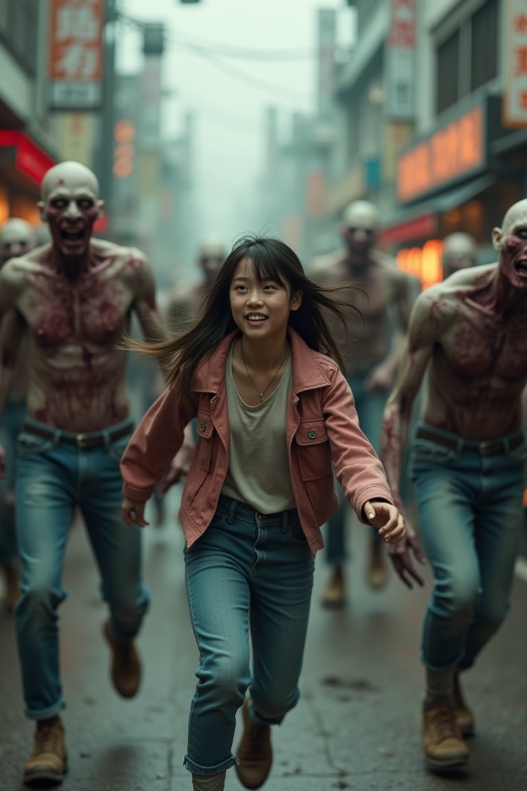 a photo take by sony A7 with film grainy and realistic lighting.

a lots of horrible zombies, chasing  a young 20 years girl. The zombie have rotten skin and terrible face. The girl is dashing from the zombies, The girl is so happy and has naive expression. the background is japanese street.