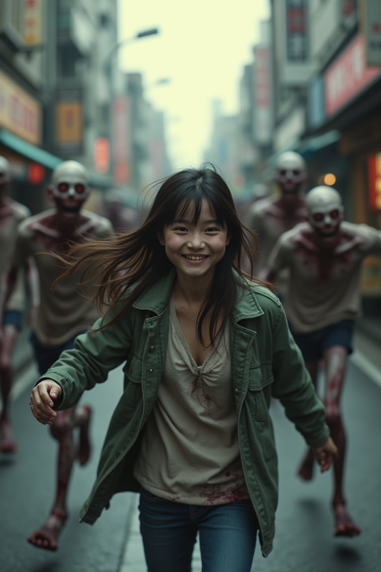 a photo take by sony A7 with film grainy and realistic lighting.

a lots of horrible zombies, chasing  a young 20 years girl. The zombie have rotten skin and terrible face. The girl is dashing from the zombies, The girl is so happy and has naive expression. the background is japanese street.