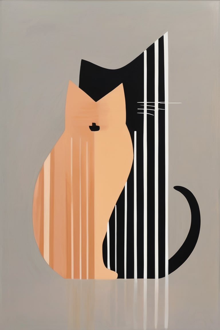 The painting features an oil on canvas Arcane artwork depicting a masterpiece-worthy silhouette of a cat. The artist skillfully creates a sense of symmetry in the composition, with the feline's body arranged along a central axis. The use of minimalism evokes the style of Bridget Riley, with clean lines and an emphasis on form. The brushstrokes are carefully applied, creating a smooth and polished finish that enhances the overall aesthetic. The background is a simple, yet striking, shade of black, which serves to draw attention to the central subject matter.