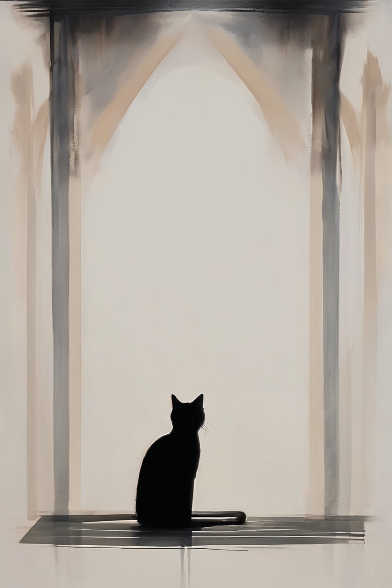 minimalism, The painting features an oil on canvas Arcane artwork depicting a masterpiece-worthy silhouette of a cat. The artist skillfully creates a sense of symmetry in the composition, with the feline's body arranged along a central axis. The brushstrokes are carefully applied, creating a smooth and polished finish that enhances the overall aesthetic. The background is a simple, yet striking, shade of black, which serves to draw attention to the central subject matter.