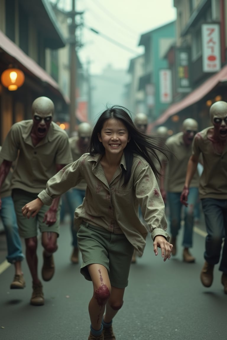 a photo take by sony A7 with film grainy and realistic lighting.

a lots of horrible zombies, chasing  a young 20 years girl. The zombie have rotten skin and terrible face. The girl is dashing from the zombies, The girl is so happy and has naive expression. the background is japanese street.