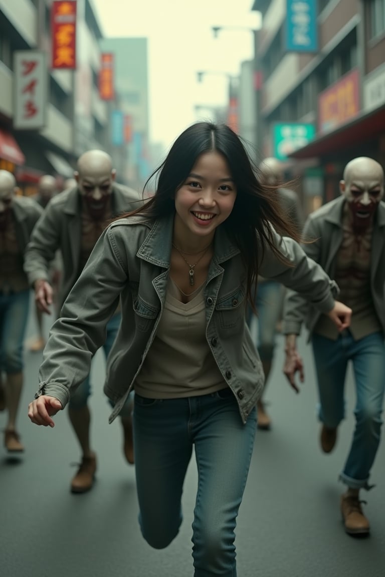 a photo take by sony A7 with film grainy and realistic lighting.

a lots of horrible zombies, chasing  a young 20 years girl. The zombie have rotten skin and terrible face. The girl is dashing from the zombies, The girl is so happy and has naive expression. the background is japanese street.