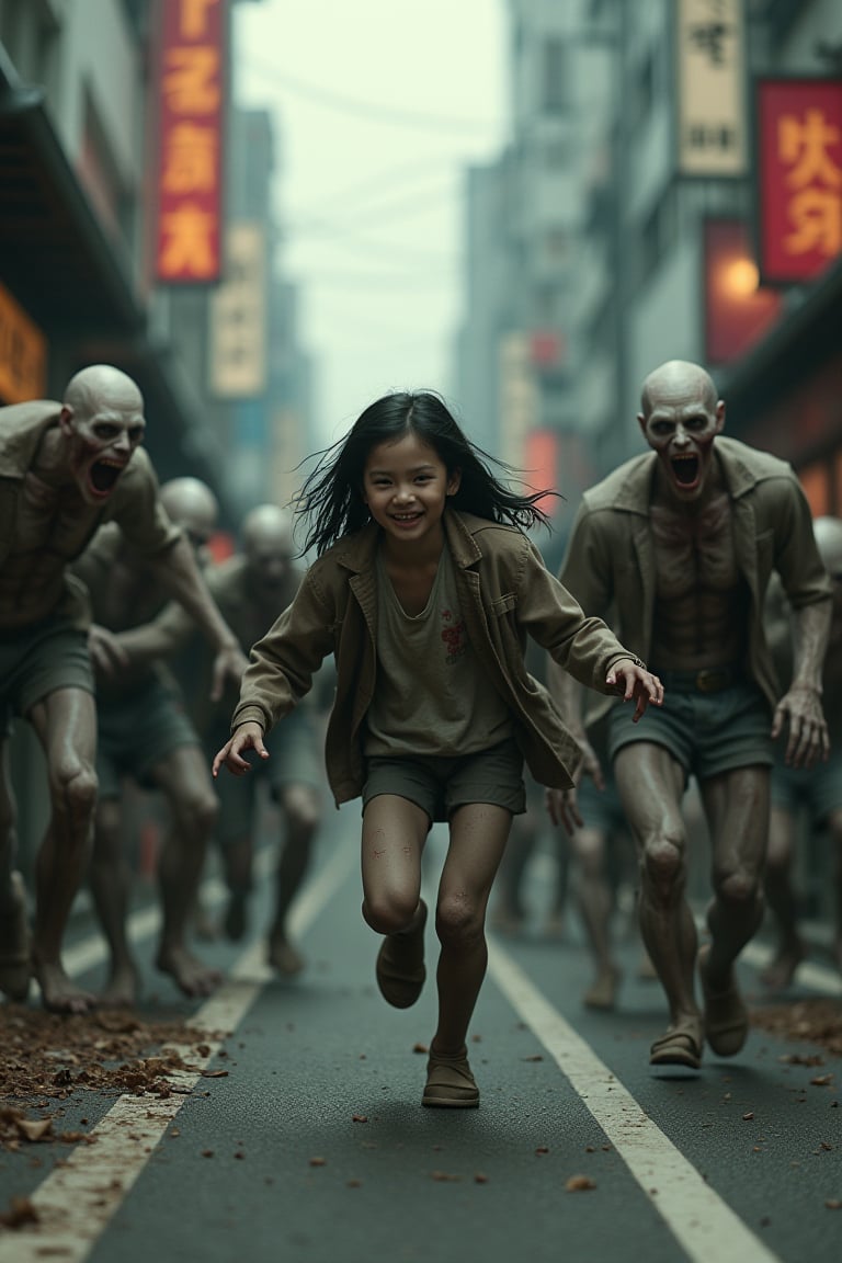 a photo take by sony A7 with film grainy and realistic lighting.

a lots of horrible zombies, chasing  a young 20 years girl. The zombie have rotten skin and terrible face. The girl is dashing from the zombies, The girl is so happy and has naive expression. the background is japanese street.