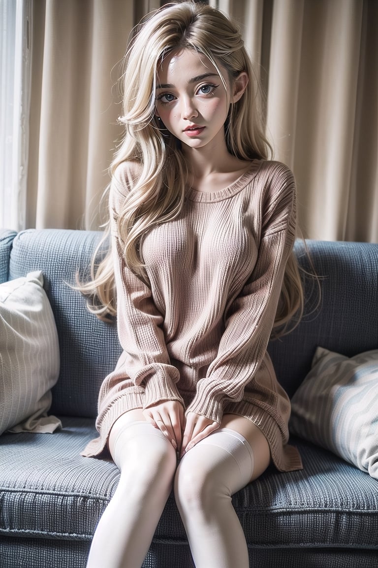 4K, high quality, (1 girl), (long blond hair), (white heart-shaped hollow sweater dress), (white stockings),