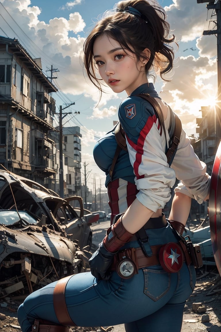 Female Captain America, (without shield), mechanical ruins in the background