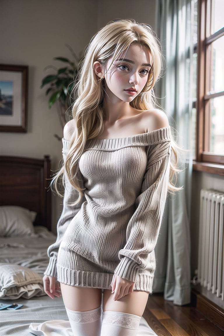 4K, high quality, (1 girl), (long blonde hair), (petite figure), (off the shoulders), (short sweater dress: 1.2), (white stockings), (in the room),