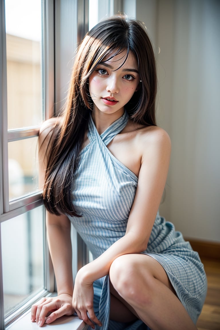 4K, high quality, (1 girl), (eyes are blue: 1.5), (wearing glasses), (halterneck loose straight short_dress), (blue and white horizontal stripes loose straight short_dress: 1.2), (white horizontal stripes loose straight short style_dress), (blue horizontal stripes loose straight short ,shine eyes01